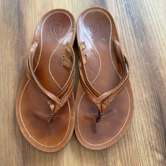 Olukai Brown Leather Flip Flops - Picture 2 of 5